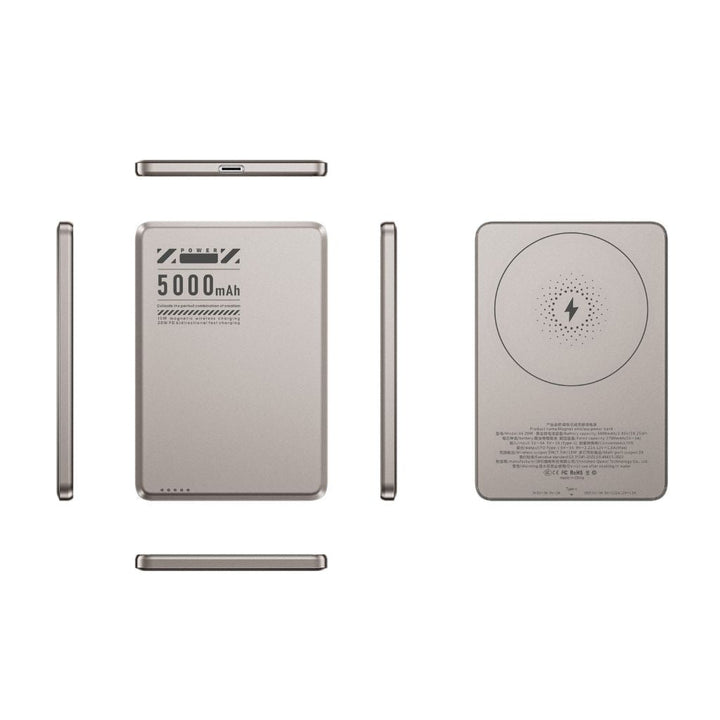 Ultra-slim aluminum power bank with sleek design, available in black, gray, or purple; ideal for portable device charging.