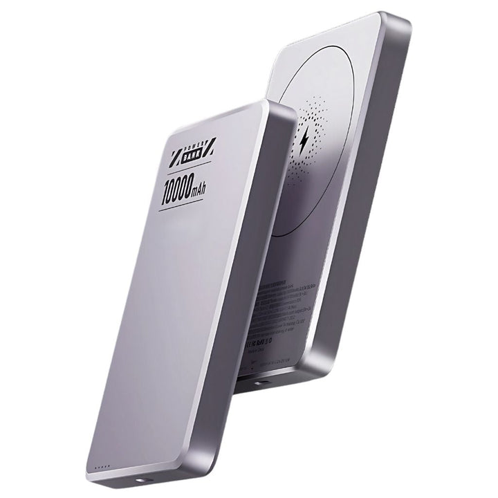 Ultra-slim aluminum power bank with sleek design, available in black, gray, or purple; ideal for portable device charging.