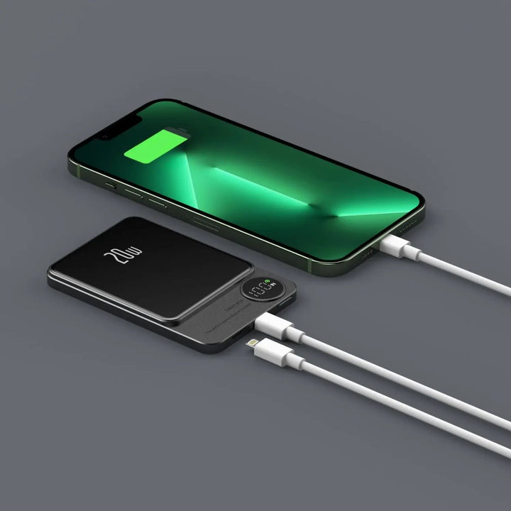 Ultra-slim magnetic wireless power bank for iPhones, 5000/10000mAh, sleek design, in Black, Green, Purple.