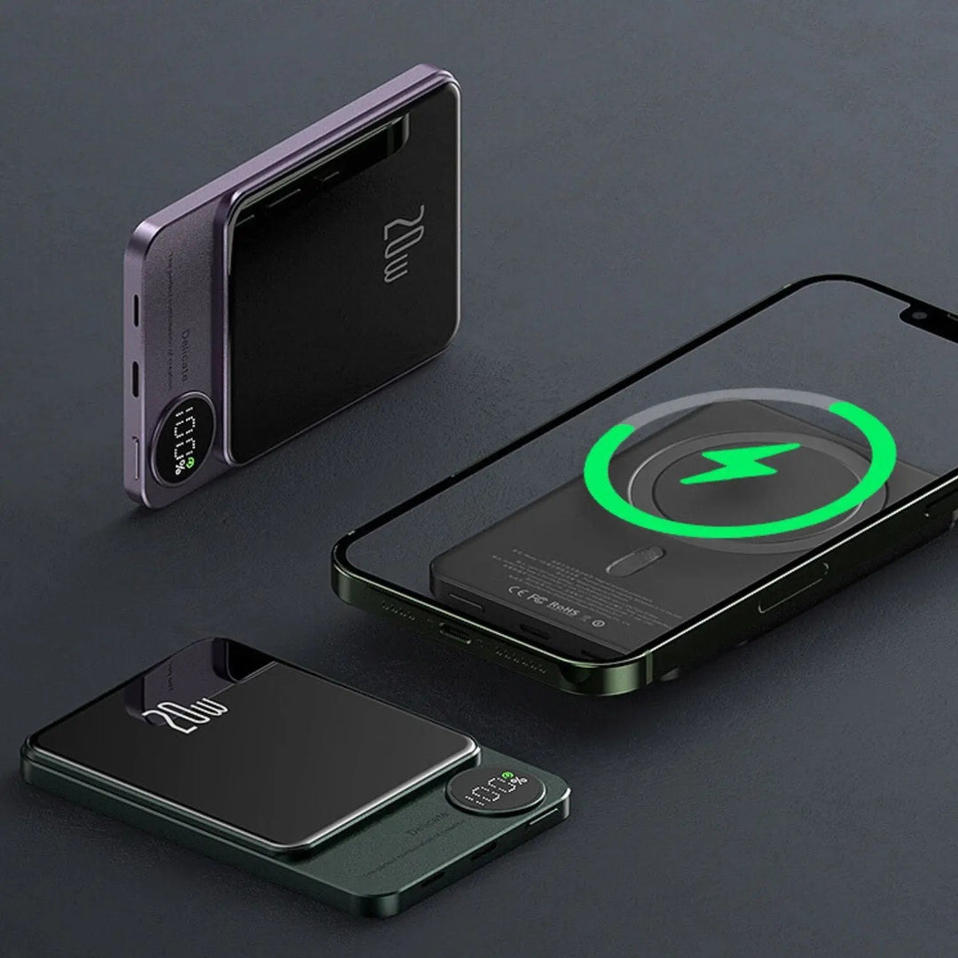 Ultra-slim magnetic wireless power bank for iPhones, 5000/10000mAh, sleek design, in Black, Green, Purple.