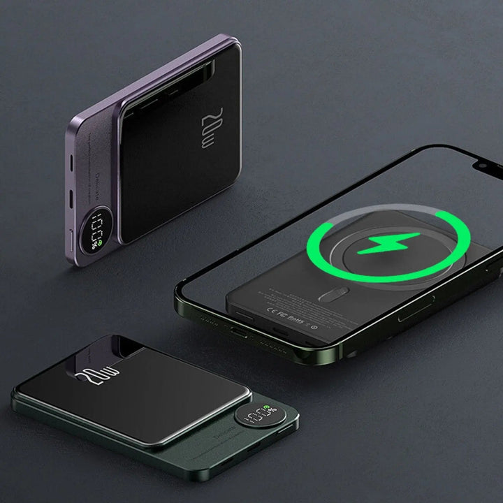 Ultra-slim magnetic wireless power bank for iPhones, 5000/10000mAh, sleek design, in Black, Green, Purple.