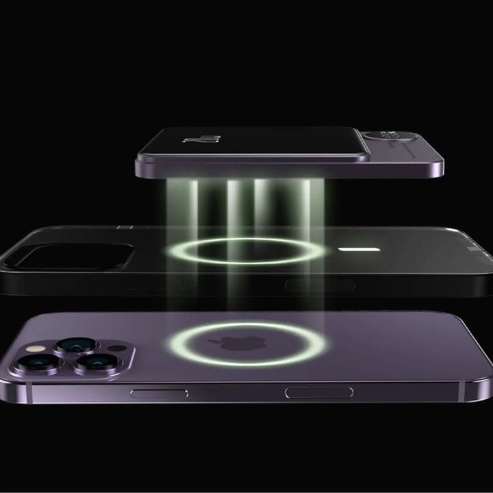 Ultra-slim magnetic wireless power bank for iPhones, 5000/10000mAh, sleek design, in Black, Green, Purple.