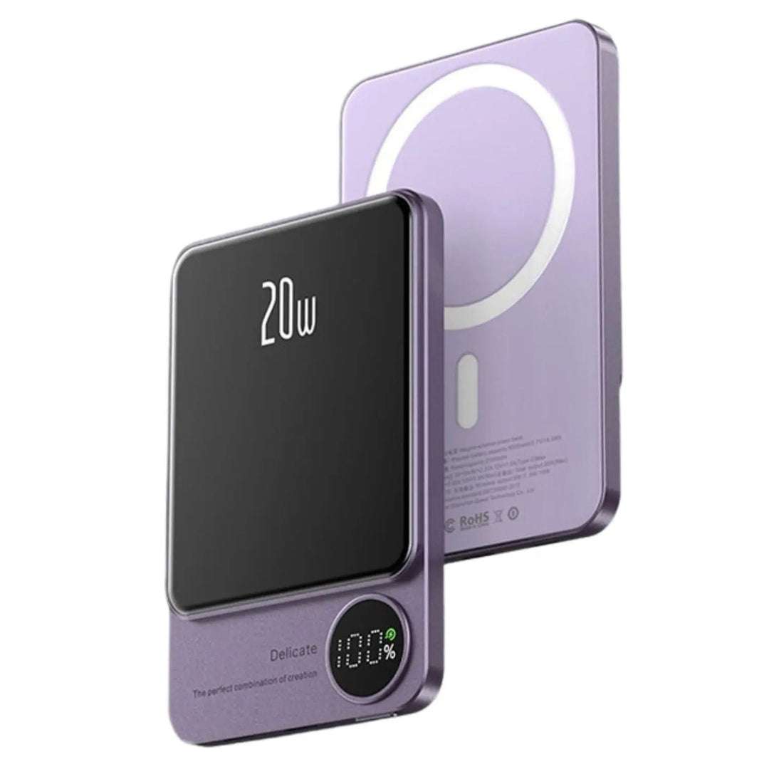 Ultra-slim magnetic wireless power bank for iPhones, 5000/10000mAh, sleek design, in Black, Green, Purple.