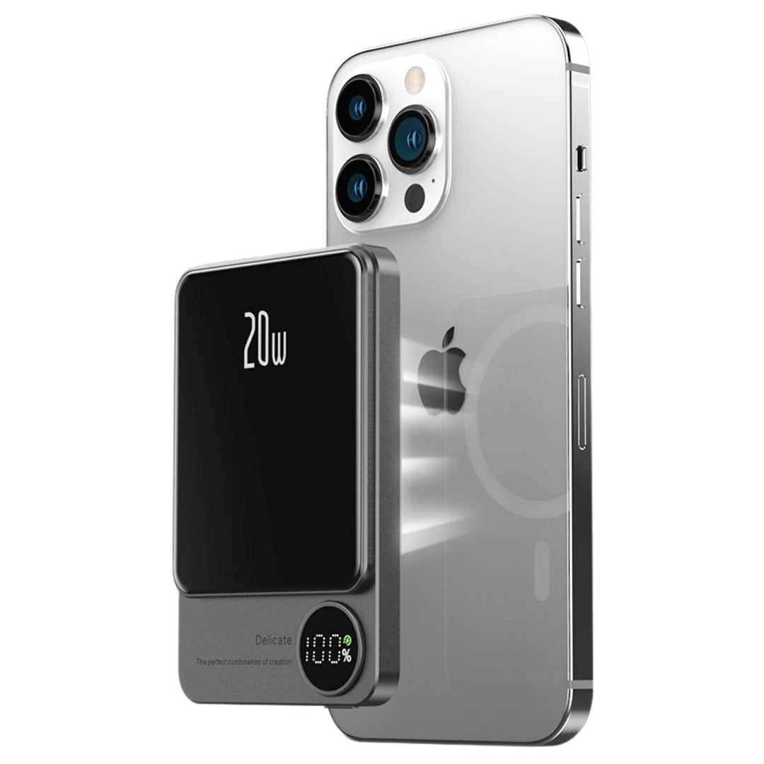 Ultra-slim magnetic wireless power bank for iPhones, 5000/10000mAh, sleek design, in Black, Green, Purple.