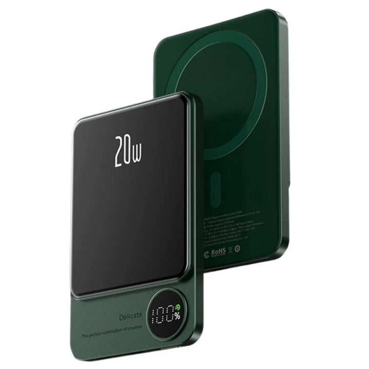 Ultra-slim magnetic wireless power bank for iPhones, 5000/10000mAh, sleek design, in Black, Green, Purple.