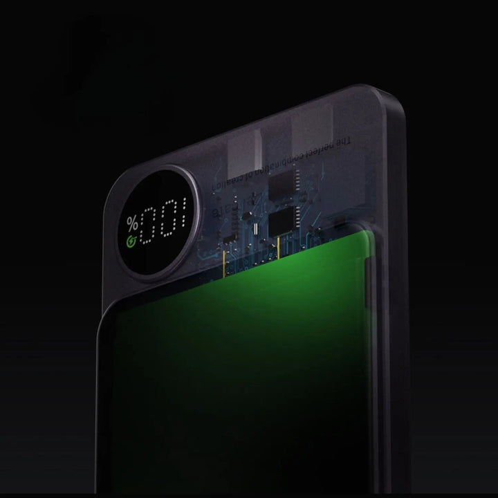 Ultra-slim magnetic wireless power bank for iPhones, 5000/10000mAh, sleek design, in Black, Green, Purple.