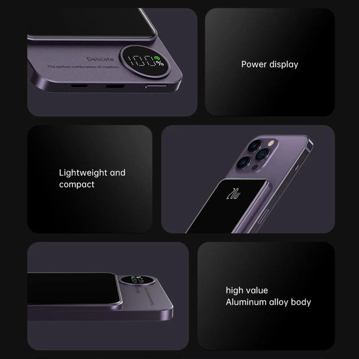 Ultra-slim magnetic wireless power bank for iPhones, 5000/10000mAh, sleek design, in Black, Green, Purple.