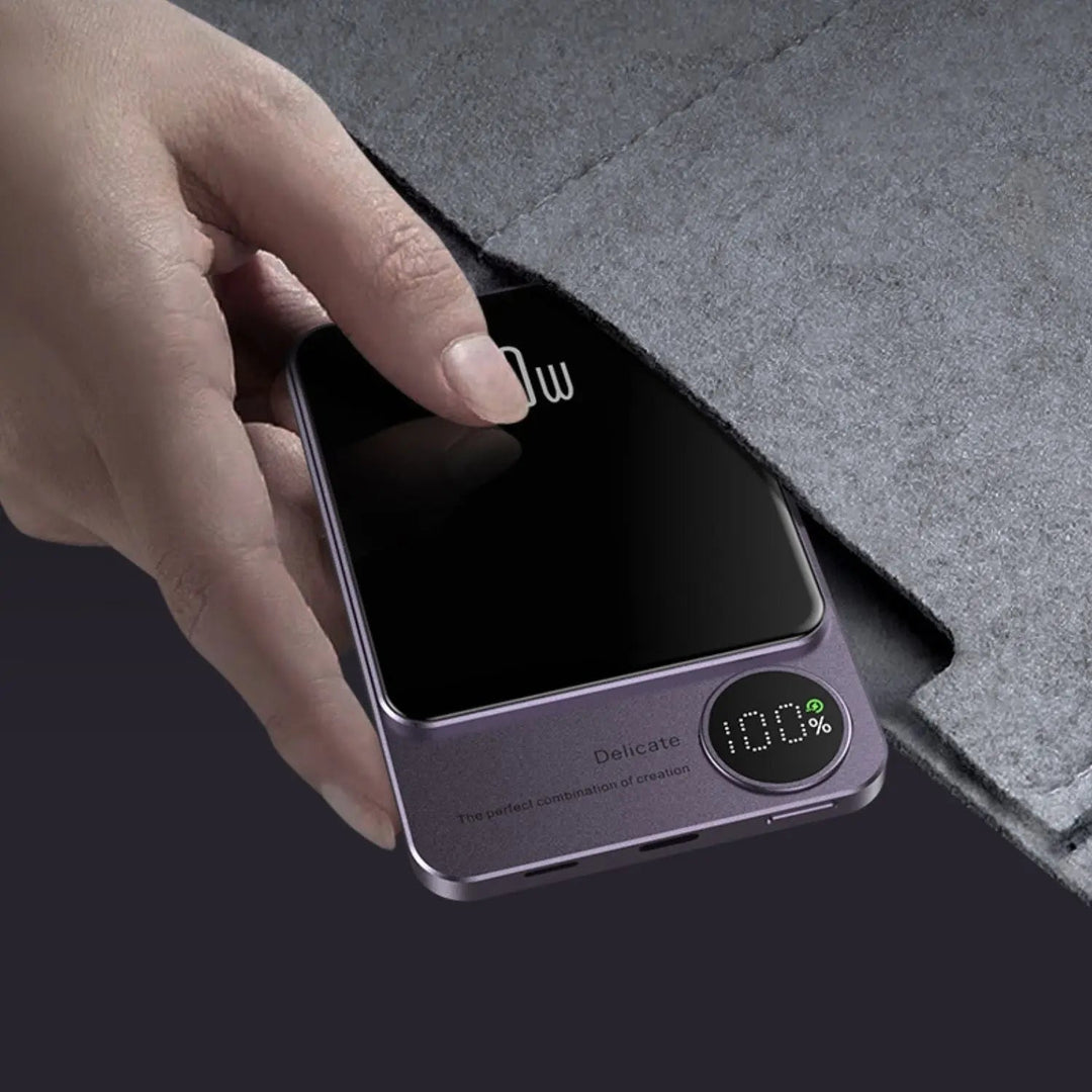 Ultra-slim magnetic wireless power bank for iPhones, 5000/10000mAh, sleek design, in Black, Green, Purple.