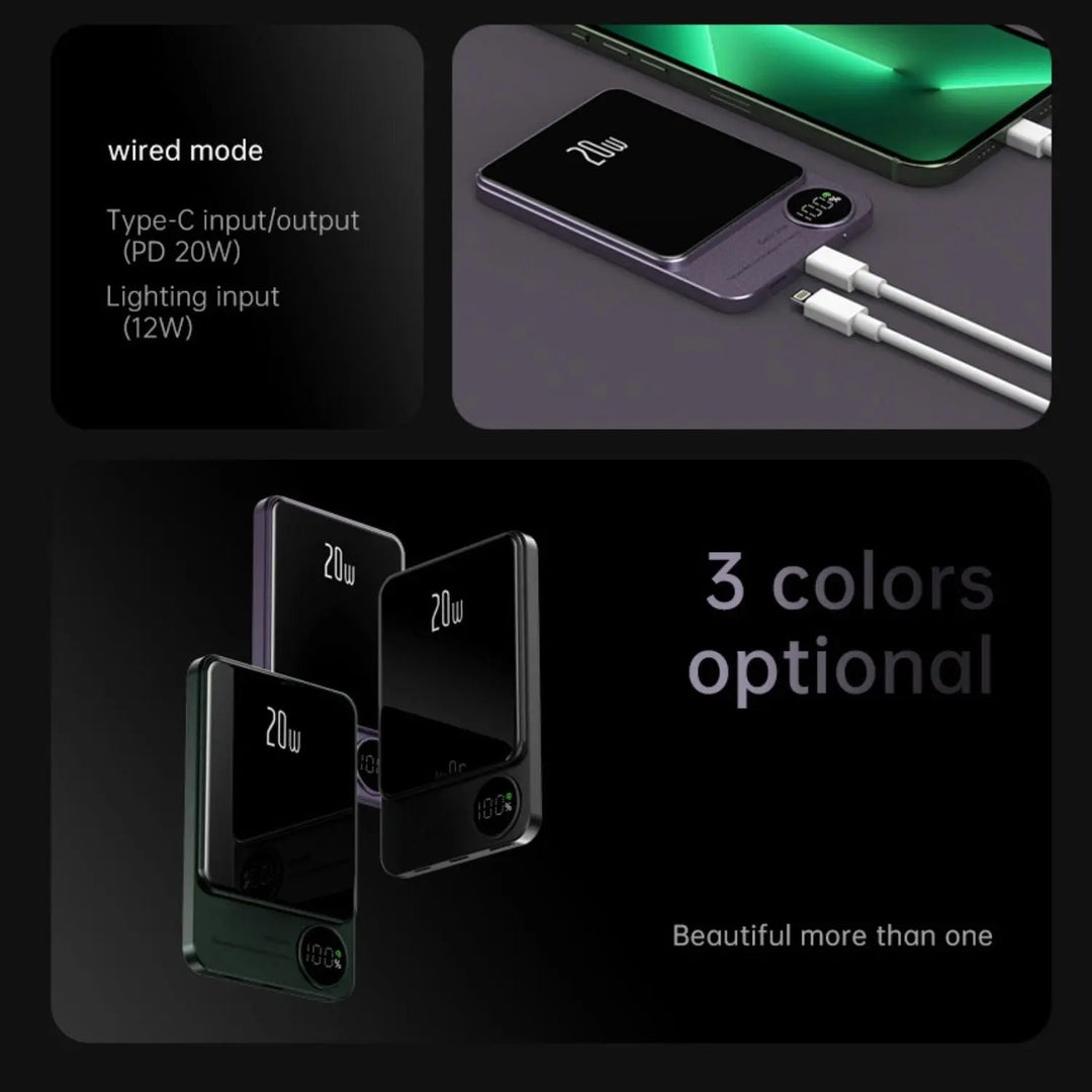 Ultra-slim magnetic wireless power bank for iPhones, 5000/10000mAh, sleek design, in Black, Green, Purple.