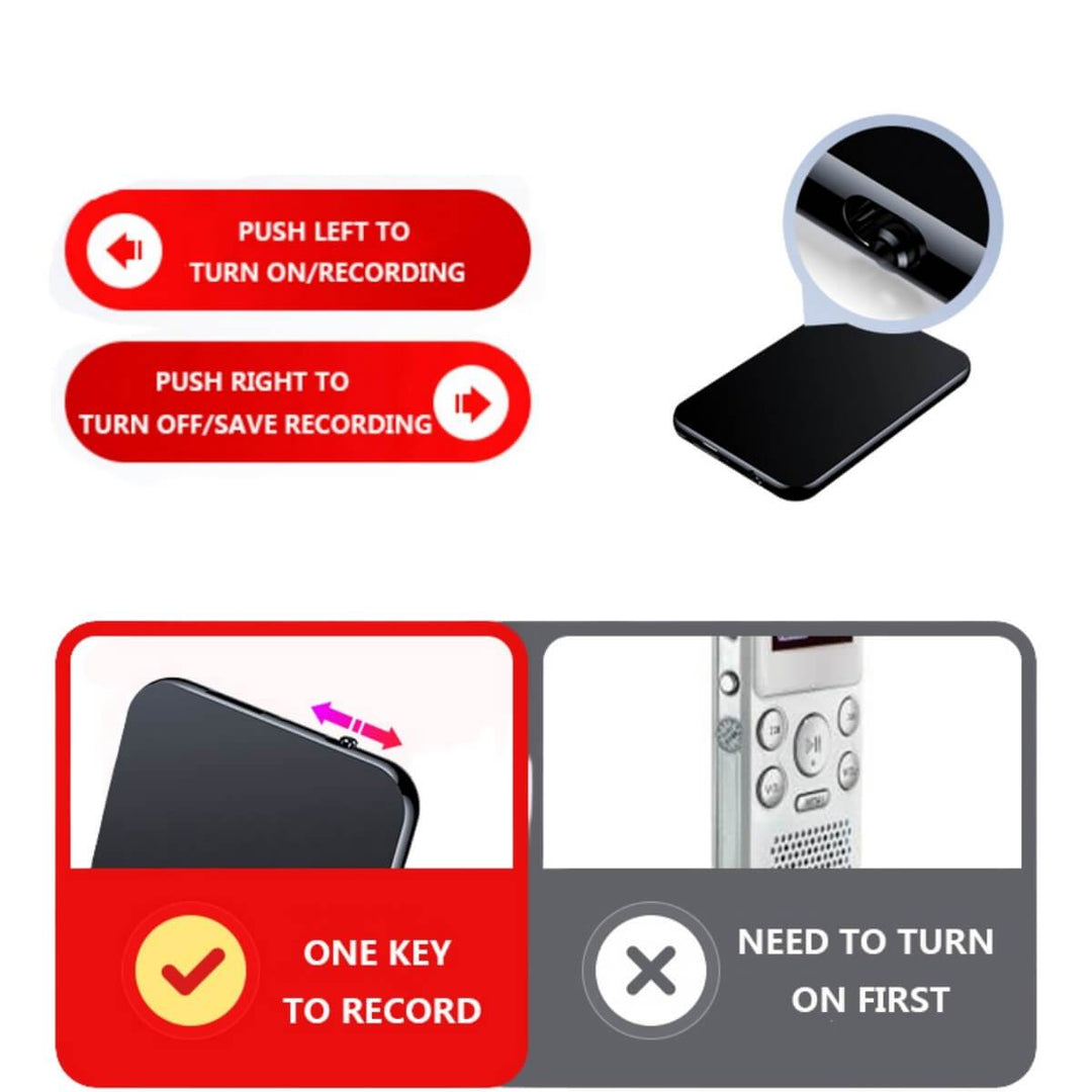 "Ultra-thin pocket size voice activated recorder, slim design, 32GB storage, ideal for discreet audio capturing on the go."