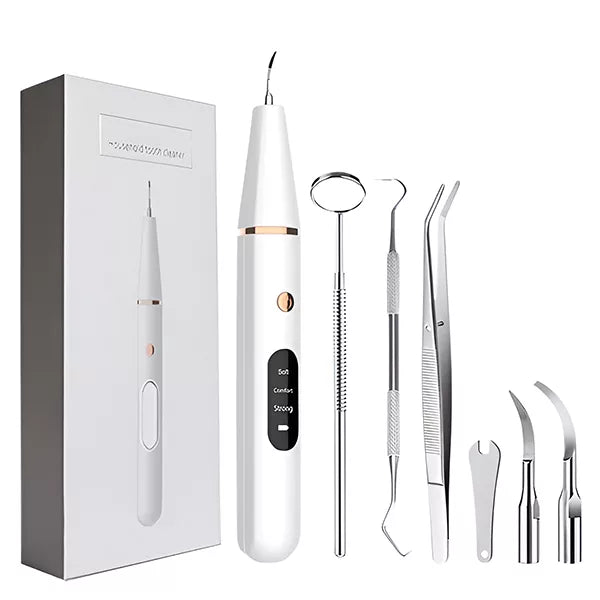 Ultrasonic dental plaque remover with stainless steel heads, designed for precision cleaning and tartar removal at home.