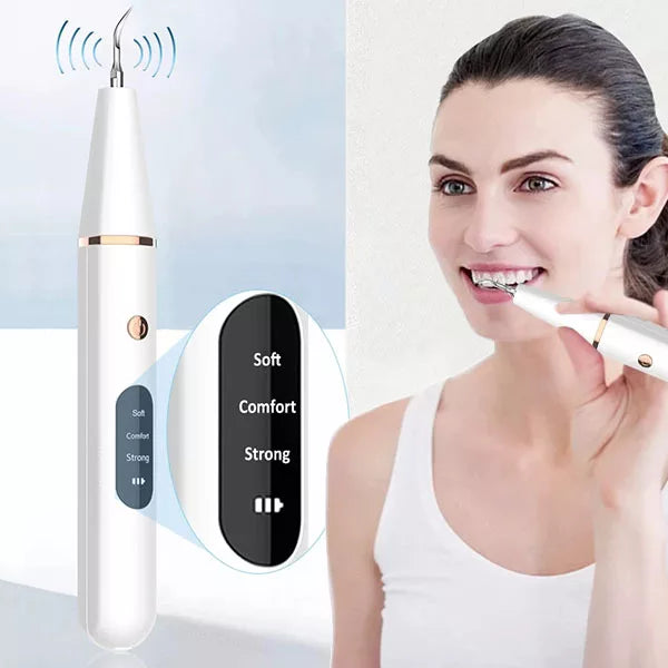 Ultrasonic dental plaque remover with stainless steel heads, designed for precision cleaning and tartar removal at home.