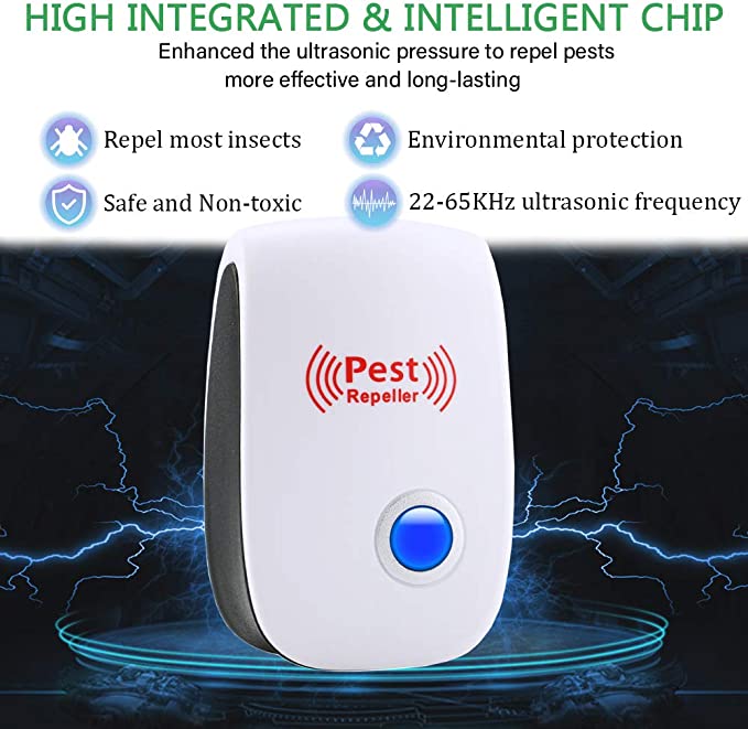 Ultrasonic Pest Repeller device in white with blue LED light, compact design, suitable for home use, safe for pets and kids.