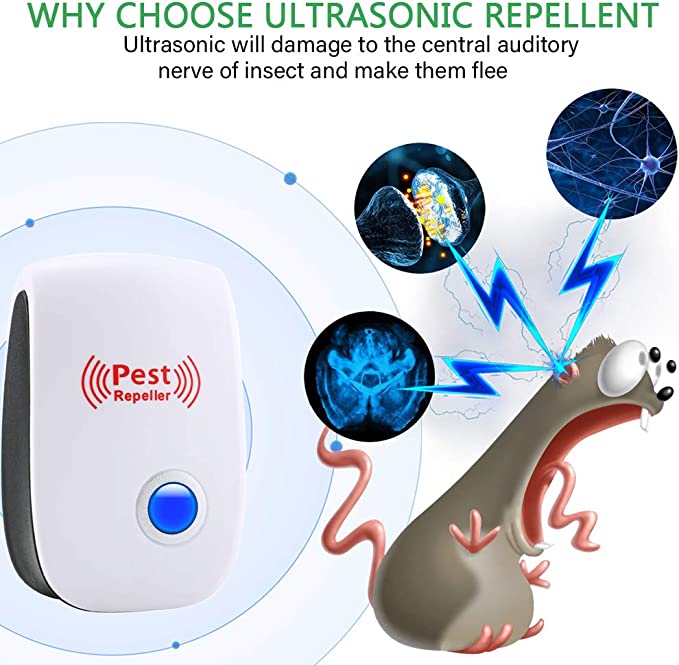 Ultrasonic Pest Repeller device in white with blue LED light, compact design, suitable for home use, safe for pets and kids.