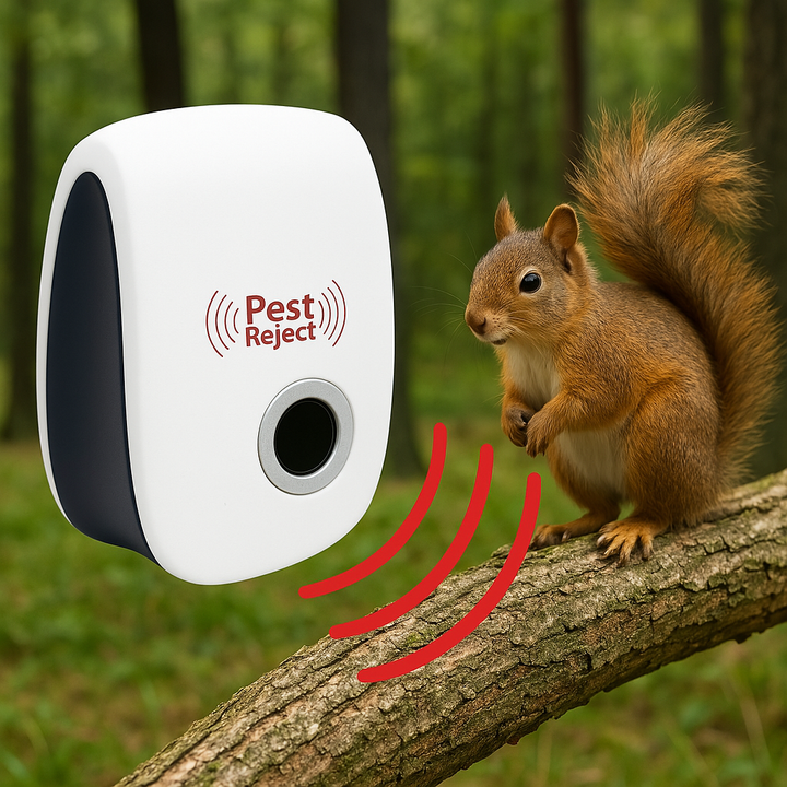 "Ultrasonic squirrel repeller device for outdoor pest control, eco-friendly, silent, blends into garden décor, effective"