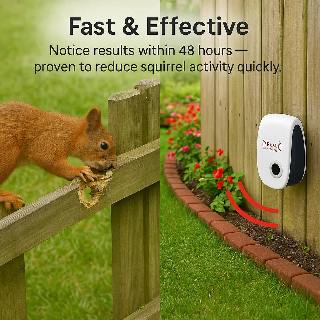 "Ultrasonic squirrel repeller device for outdoor pest control, eco-friendly, silent, blends into garden décor, effective"