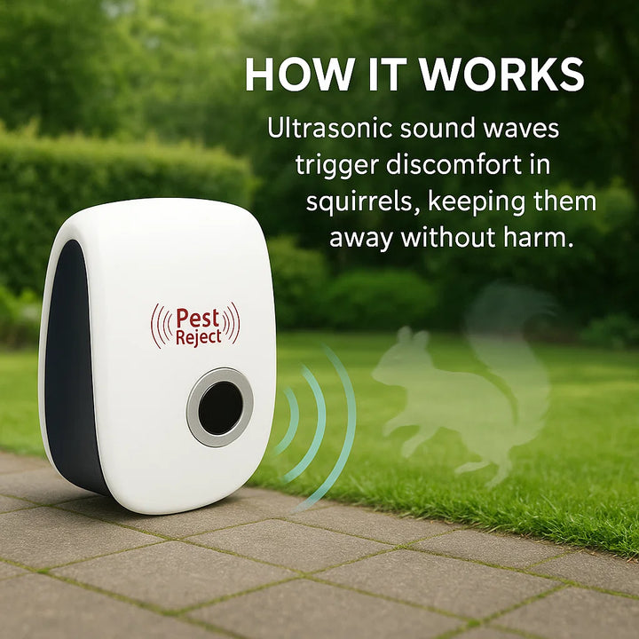 "Ultrasonic squirrel repeller device for outdoor pest control, eco-friendly, silent, blends into garden décor, effective"