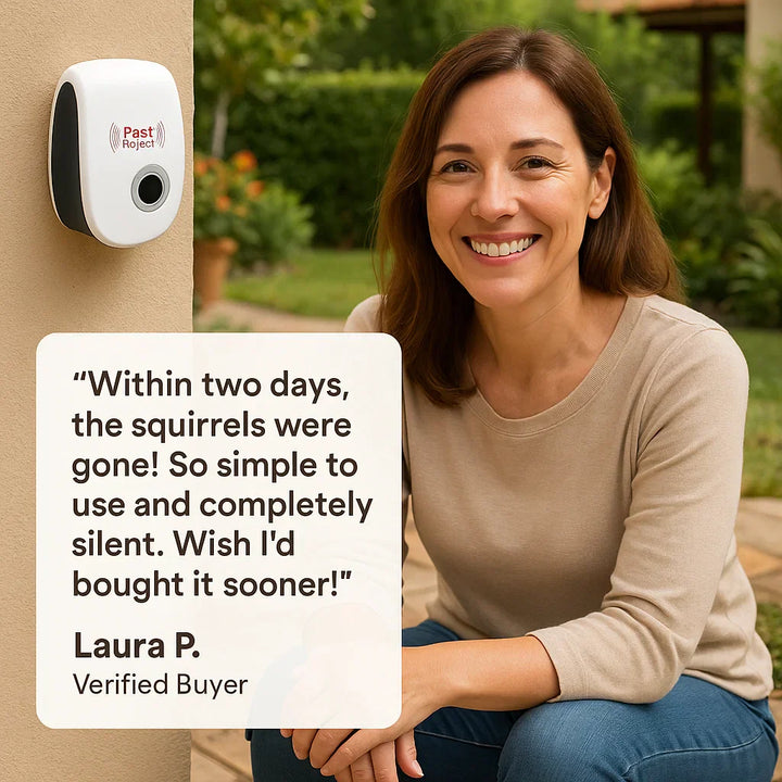 "Ultrasonic squirrel repeller device for outdoor pest control, eco-friendly, silent, blends into garden décor, effective"