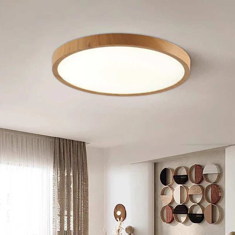 "Ultrathin walnut circular ceiling light, minimalist design with warm wood finish, perfect for modern living spaces and dinin