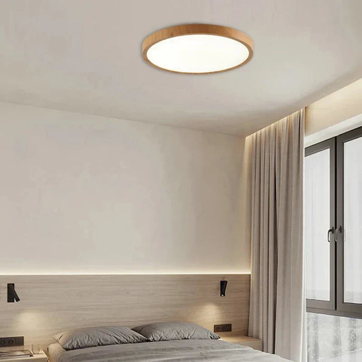 "Ultrathin walnut circular ceiling light, minimalist design with warm wood finish, perfect for modern living spaces and dinin