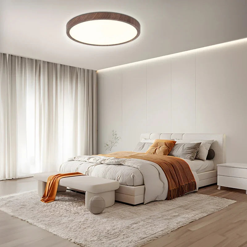 "Ultrathin walnut circular ceiling light, minimalist design with warm wood finish, perfect for modern living spaces and dinin