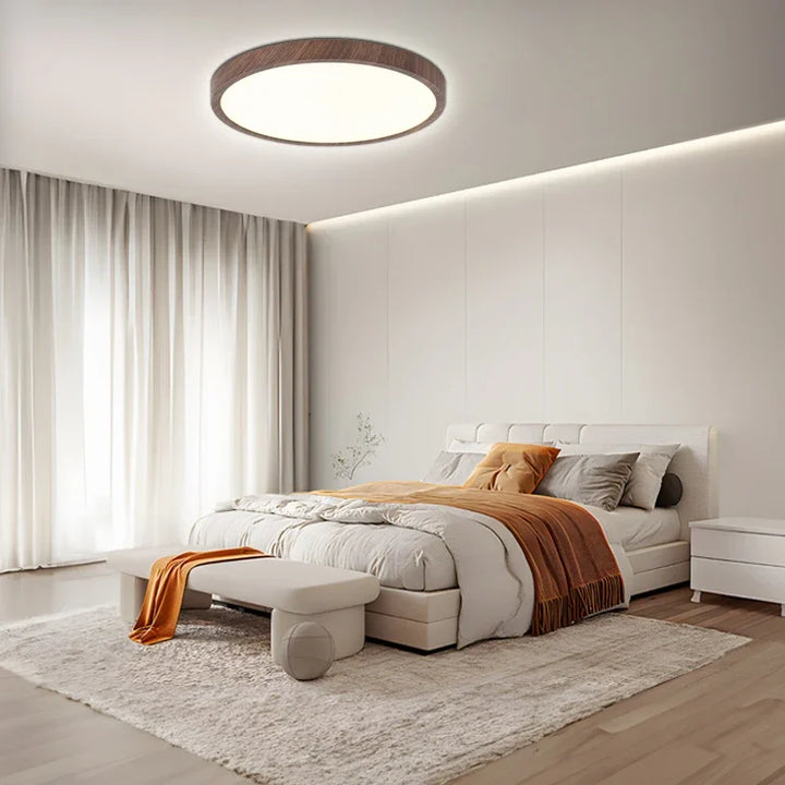 "Ultrathin walnut circular ceiling light, minimalist design with warm wood finish, perfect for modern living spaces and dinin