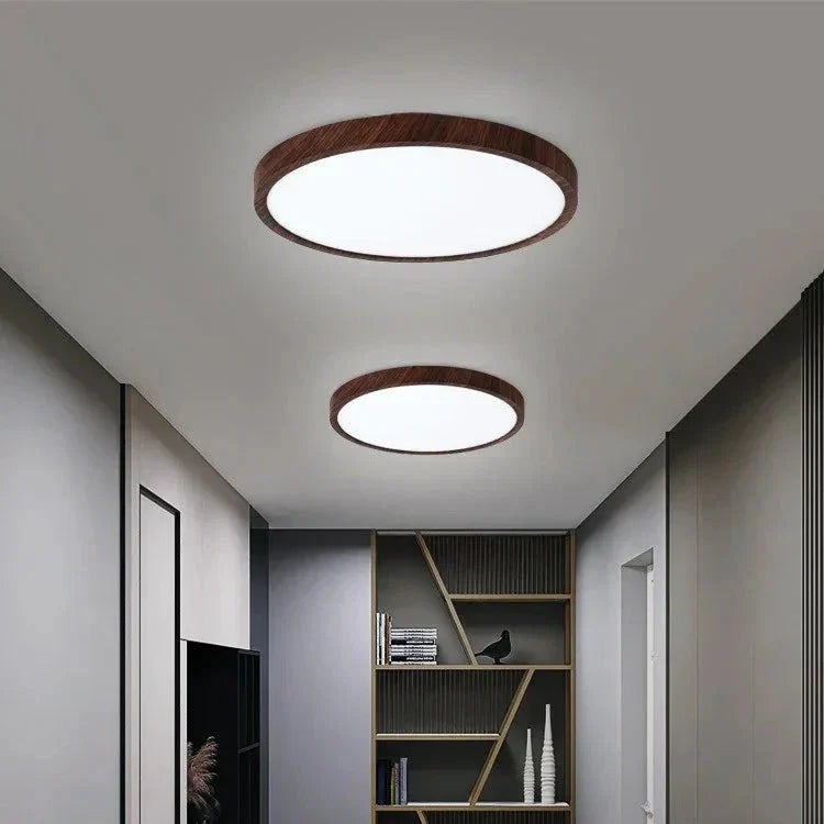 "Ultrathin walnut circular ceiling light, minimalist design with warm wood finish, perfect for modern living spaces and dinin