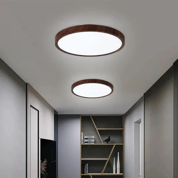 "Ultrathin walnut circular ceiling light, minimalist design with warm wood finish, perfect for modern living spaces and dinin