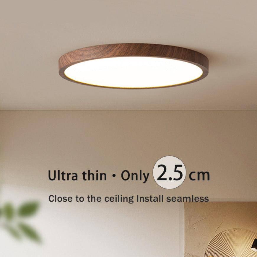 "Ultrathin walnut circular ceiling light, minimalist design with warm wood finish, perfect for modern living spaces and dinin
