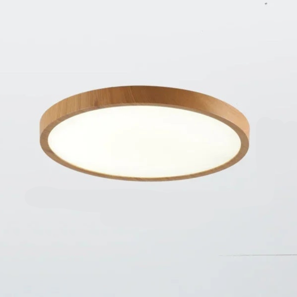 "Ultrathin walnut circular ceiling light, minimalist design with warm wood finish, perfect for modern living spaces and dinin
