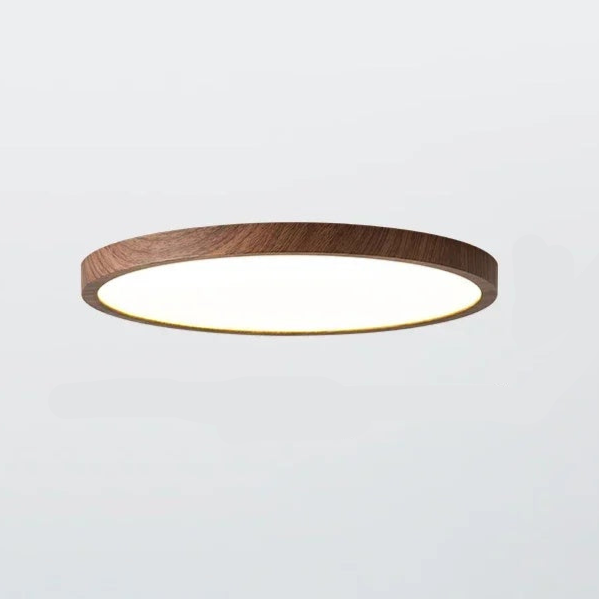 "Ultrathin walnut circular ceiling light, minimalist design with warm wood finish, perfect for modern living spaces and dinin