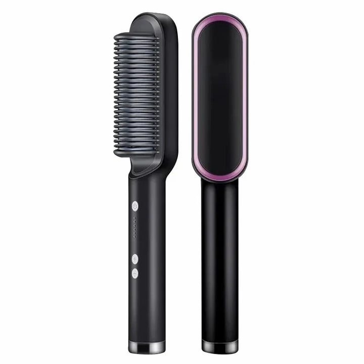 "Unisex 2-in-1 Hair Straightening & Curling Brush with ergonomic handle and ceramic bristles, versatile styling tool."