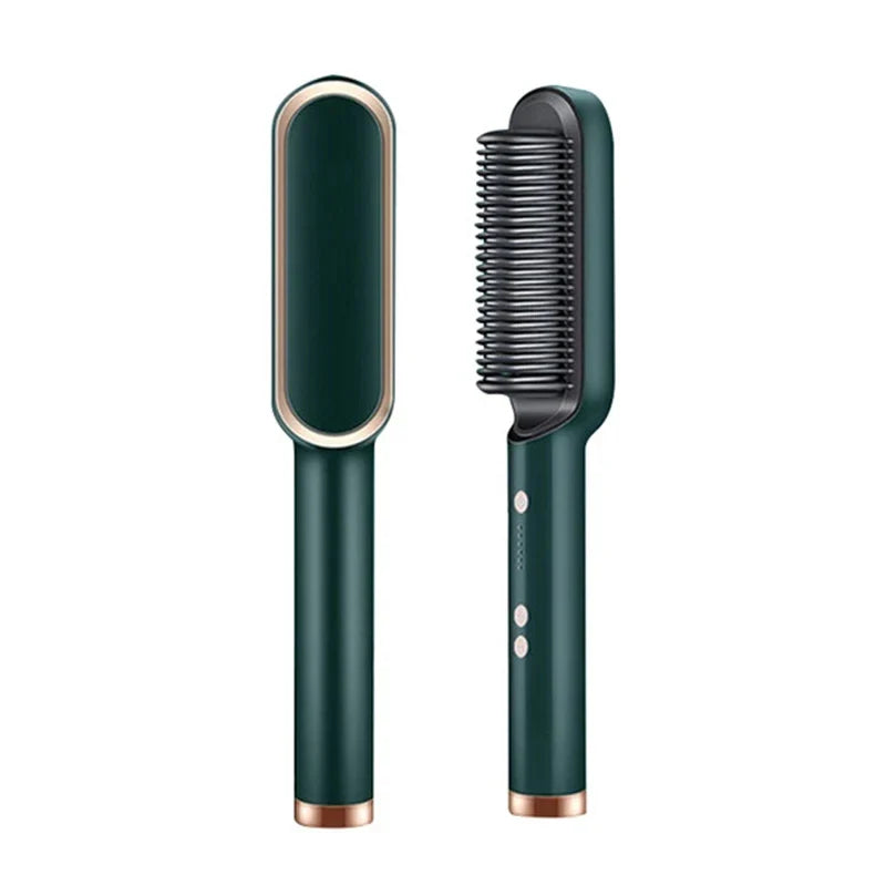 "Unisex 2-in-1 Hair Straightening & Curling Brush with ergonomic handle and ceramic bristles, versatile styling tool."