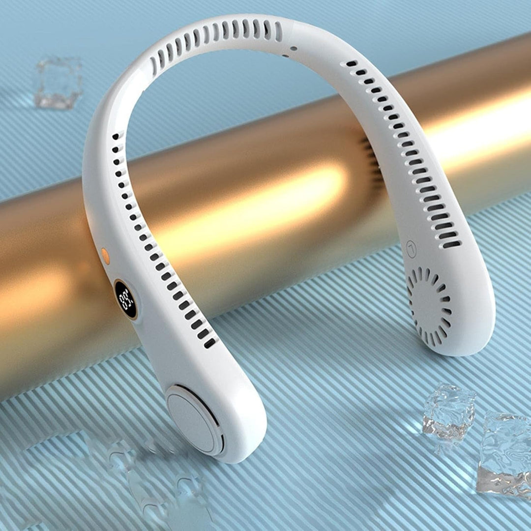 Unisex 5-speed bladeless neck cooling fan in headphone style, offering portable, hands-free, 360-degree airflow comfort.
