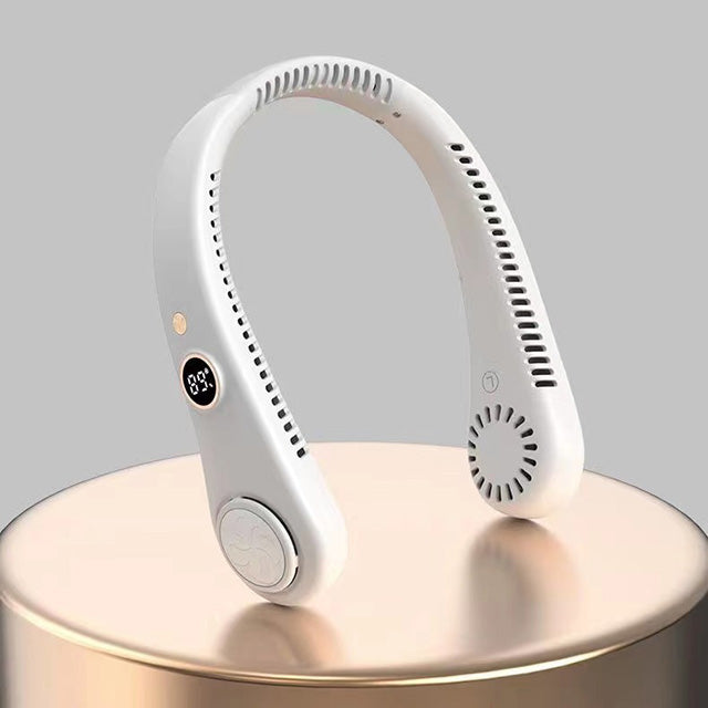 Unisex 5-speed bladeless neck cooling fan in headphone style, offering portable, hands-free, 360-degree airflow comfort.