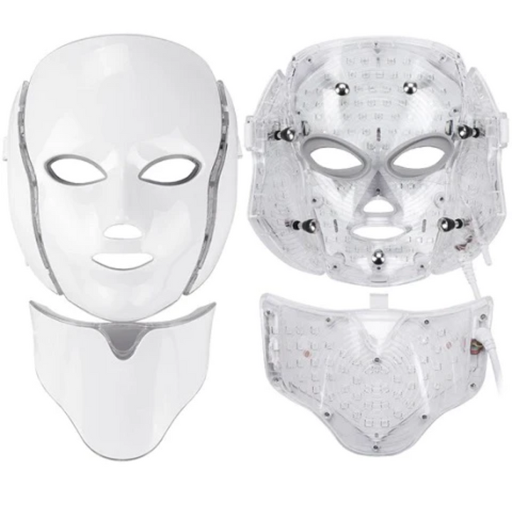"Unisex 7 Colours LED Photon Light Therapy Mask with Neck for skincare, featuring adjustable LED lights and neck coverage."