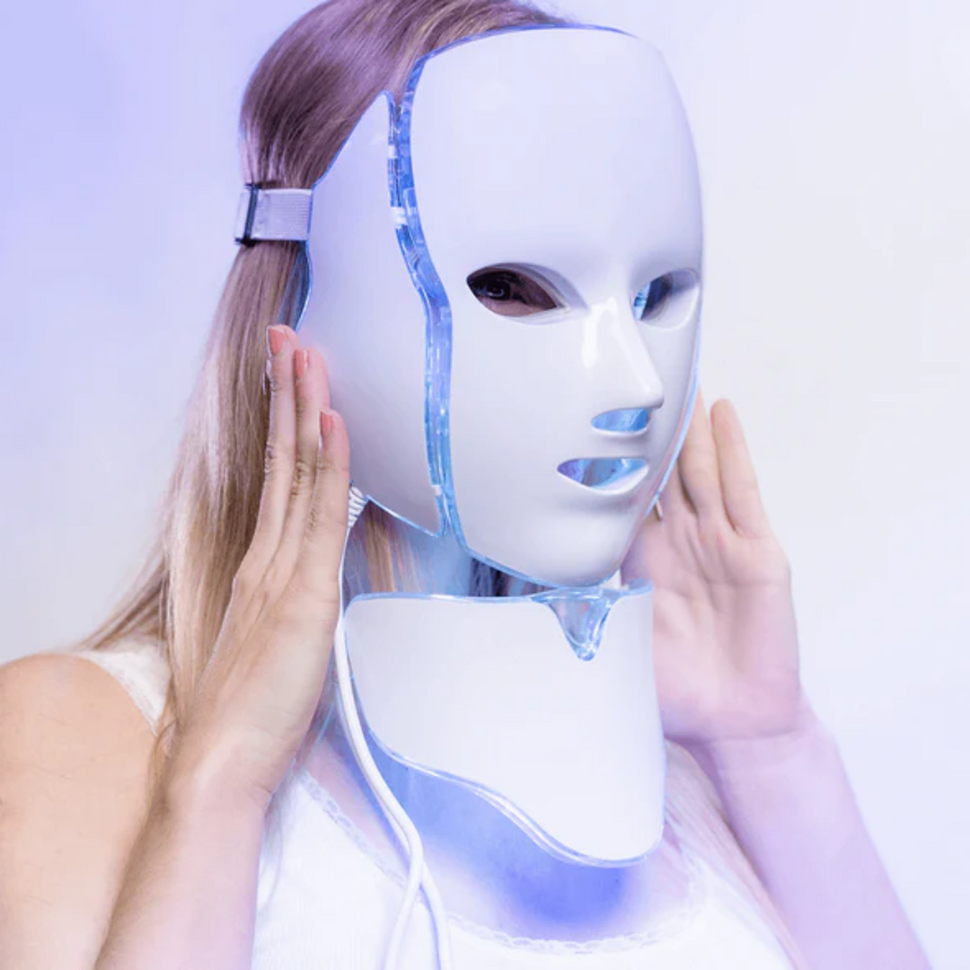"Unisex 7 Colours LED Photon Light Therapy Mask with Neck for skincare, featuring adjustable LED lights and neck coverage."