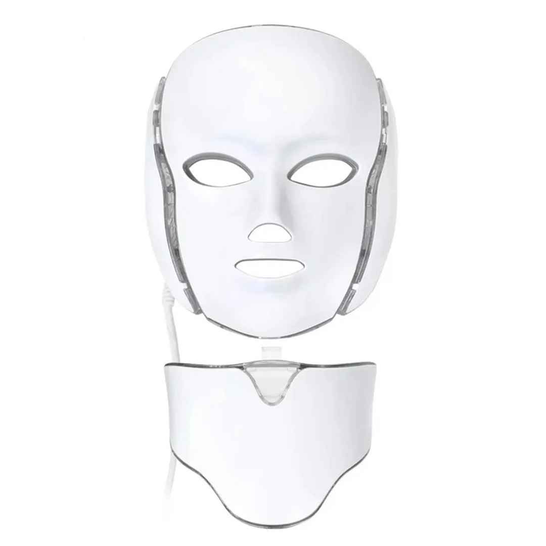 "Unisex 7 Colours LED Photon Light Therapy Mask with Neck for skincare, featuring adjustable LED lights and neck coverage."