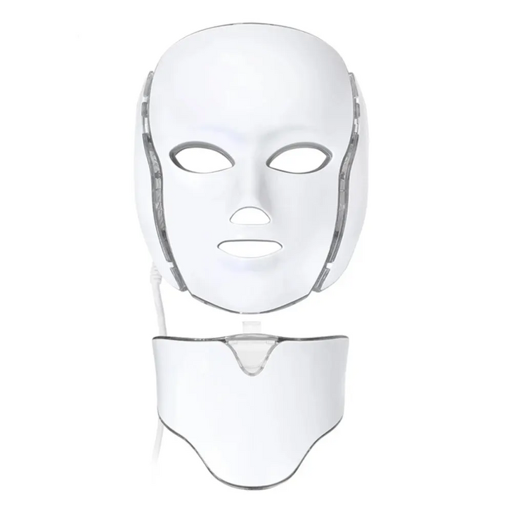"Unisex 7 Colours LED Photon Light Therapy Mask with Neck for skincare, featuring adjustable LED lights and neck coverage."