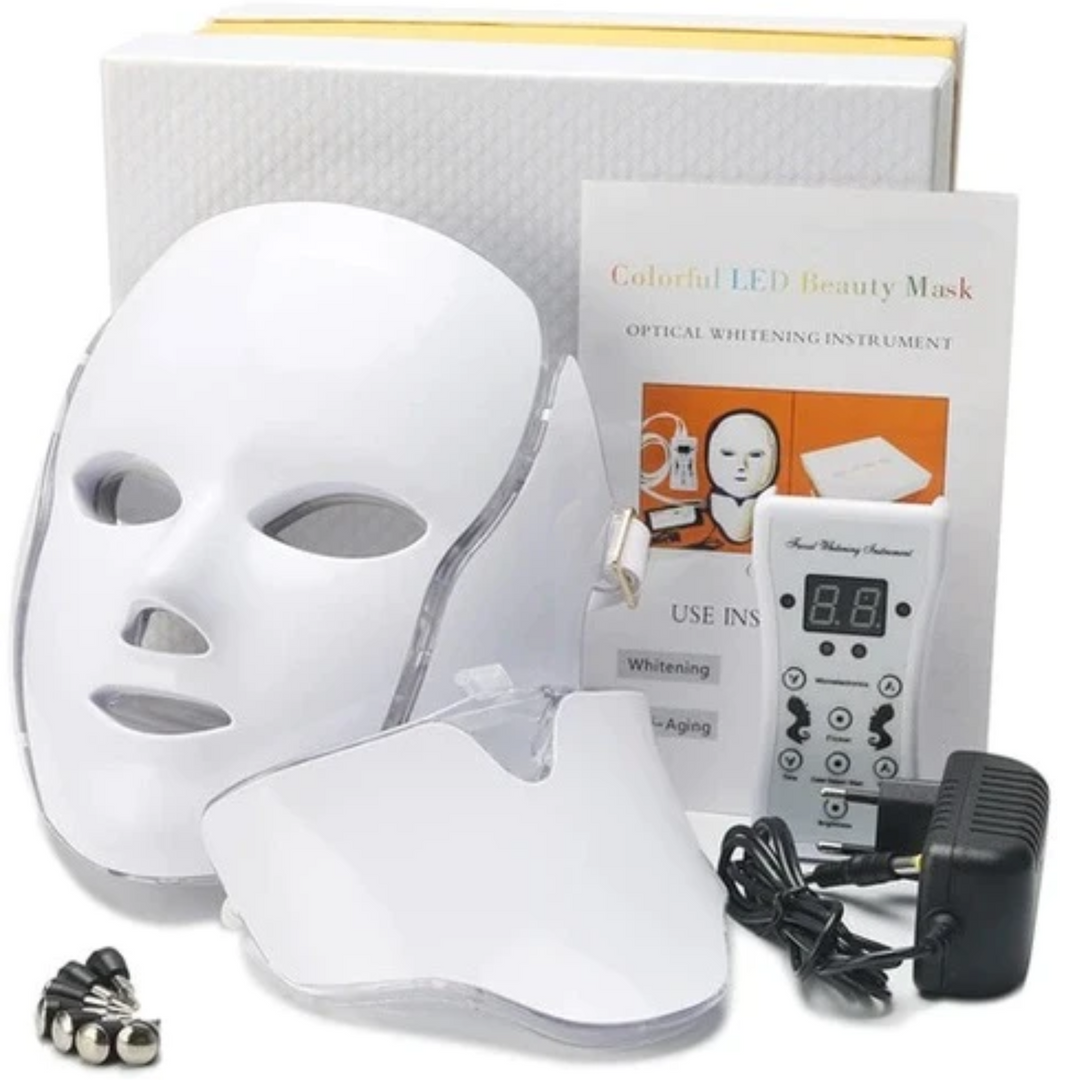 "Unisex 7 Colours LED Photon Light Therapy Mask with Neck for skincare, featuring adjustable LED lights and neck coverage."