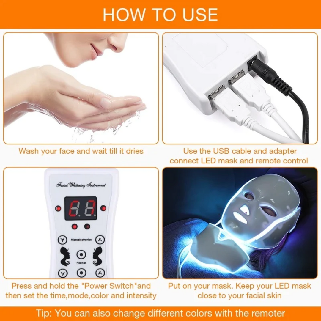 "Unisex 7 Colours LED Photon Light Therapy Mask with Neck for skincare, featuring adjustable LED lights and neck coverage."