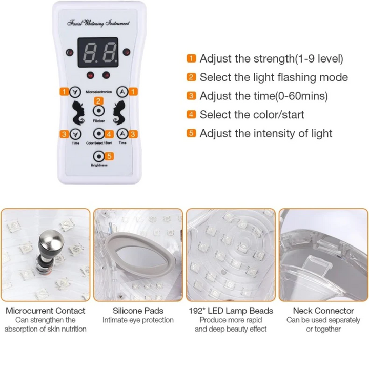 "Unisex 7 Colours LED Photon Light Therapy Mask with Neck for skincare, featuring adjustable LED lights and neck coverage."