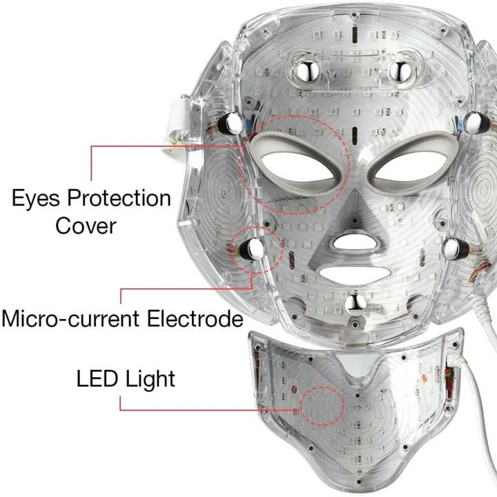 "Unisex 7 Colours LED Photon Light Therapy Mask with Neck for skincare, featuring adjustable LED lights and neck coverage."