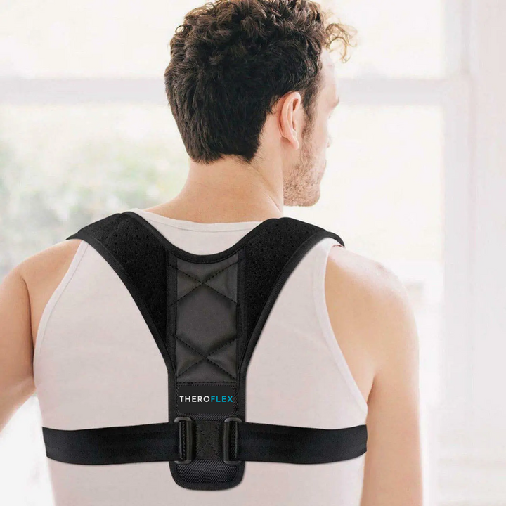 "Unisex adjustable back brace posture corrector, sleek black neoprene, ideal for men and women, promotes better posture."
