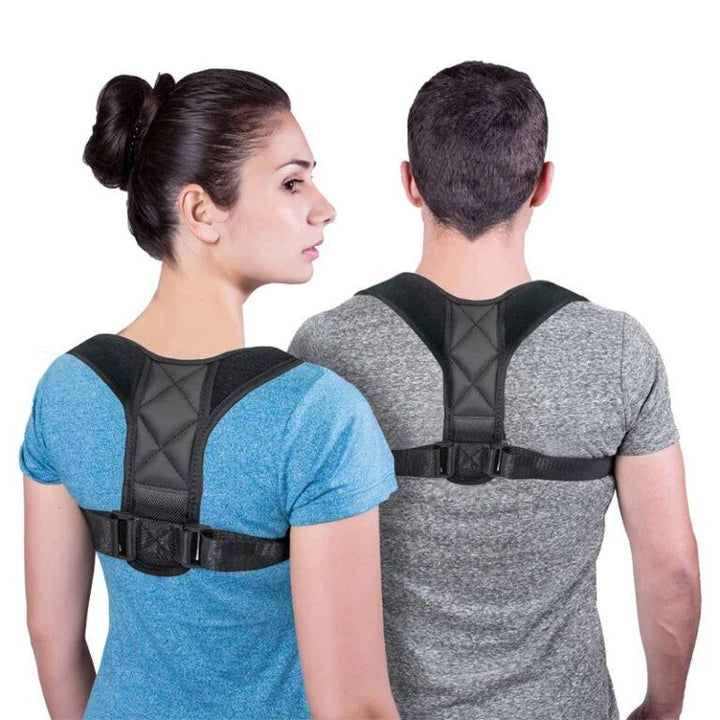 "Unisex adjustable back brace posture corrector, sleek black neoprene, ideal for men and women, promotes better posture."