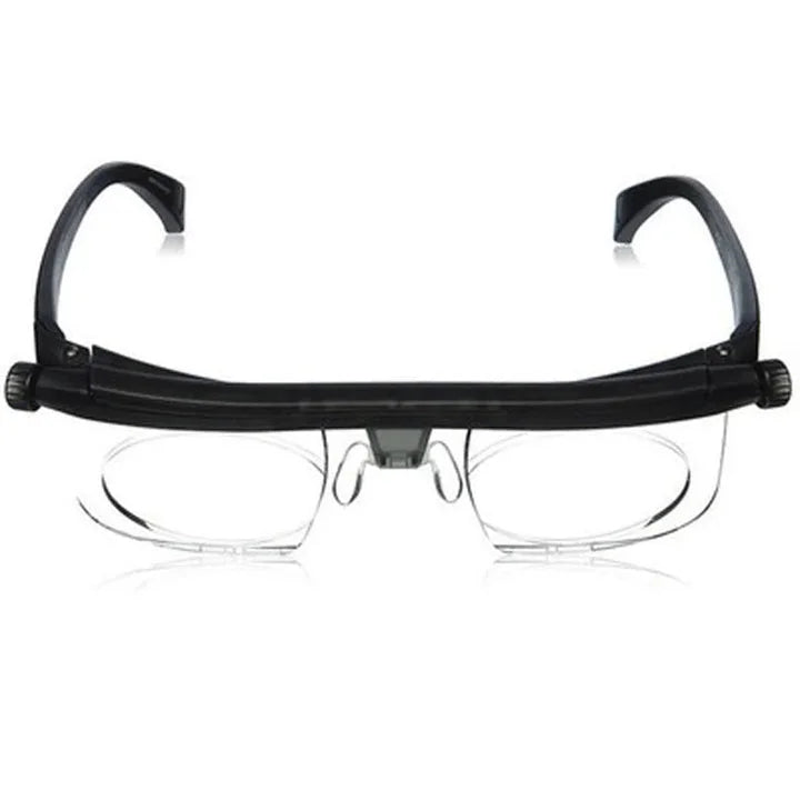 Unisex adjustable focus glasses with sleek design and polycarbonate frame for near and far sight, suited for any head size.