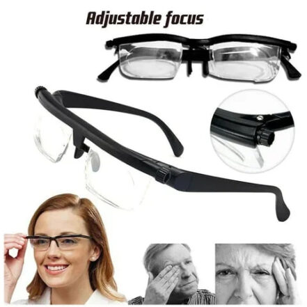 Unisex adjustable focus glasses with sleek design and polycarbonate frame for near and far sight, suited for any head size.