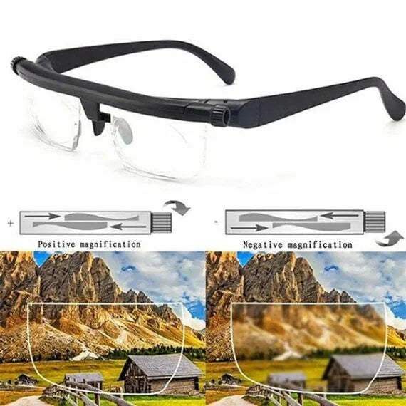 Unisex adjustable focus glasses with sleek design and polycarbonate frame for near and far sight, suited for any head size.