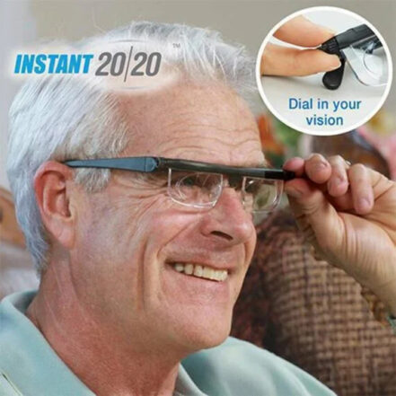 Unisex adjustable focus glasses with sleek design and polycarbonate frame for near and far sight, suited for any head size.