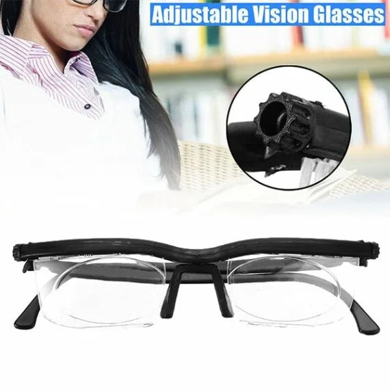 Unisex adjustable focus glasses with sleek design and polycarbonate frame for near and far sight, suited for any head size.